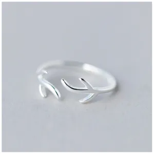 S925 sterling silver cute deer antler open ring, sweet adjustable twig branch ring jewelry.