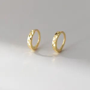 Gold geometric faceted hoop earrings, delicate small huggie earrings for women daily wear.