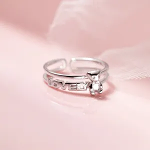 Anillo Abierto de Doble Capa de Plata de Ley 925 Estilo Coreano Lindo Oso Letra Grabada Anillo Ajustable para Mujer Joyería de Moda Regalo