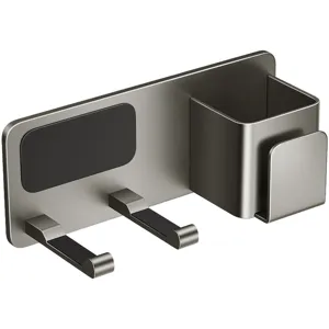 Wall-mounted hair dryer holder bathroom organizer with plug hook storage cup gun grey