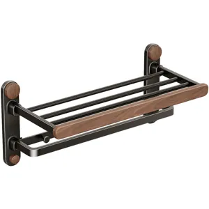 Moderner Wandhandtuchhalter im Mid-Century-Stil mit Holzoptik und schwarzem Metall.