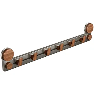 Moderne Wand-Garderobenleiste mit Holzmaserung Haken und Metall Schiene für Eingang.