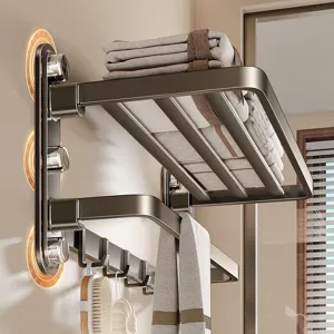 Multifunctional Punch-Free Bathroom Towel Rack Carbon Steel Wall Mounted Storage Shelf Toilet Organizer