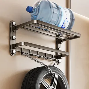 Punch-free bathroom towel rack wall mounted dark grey storage shelf with hooks and rail.