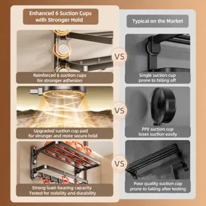 Punch-free suction cup towel rack for bathroom, heavy-duty wall mounted storage shelf organizer.