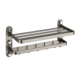 Wall mounted bathroom towel rack with storage shelf and hooks in gunmetal grey finish