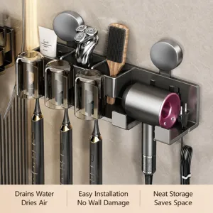 Wall Mounted Toothbrush Holder Bathroom Storage Rack With Hair Dryer Holder Punch Free Carbon Steel Bathroom Organizer