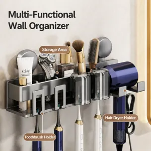 Wall mounted toothbrush holder punch free bathroom organizer for hairdryer and cups storage