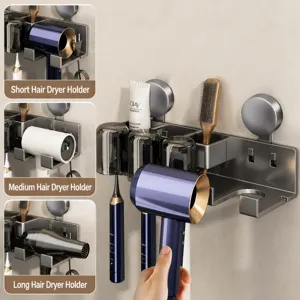 Wall-mounted toothbrush holder with hair dryer rack, punch-free suction cup bathroom organizer.