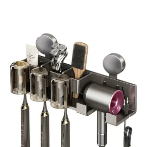 Wall-mounted toothbrush holder with cups, toothpaste and hair dryer rack for modern bathroom.