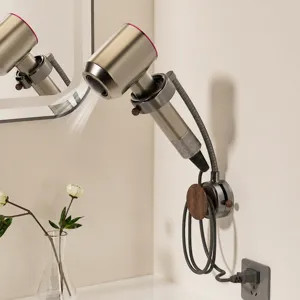 Wall mounted hair dryer holder with 360 degree rotation, punch free bathroom organizer stand.