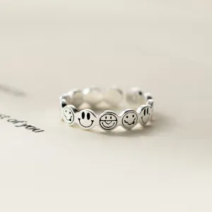 925 Sterling Silver Smiling Face Open Ring Vintage Distressed Thai Silver Style Adjustable Geometric Ring For Women Jewelry