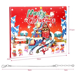 Christmas advent calendar gift box detail view with silver bracelet and clear dimension specs.