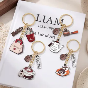 Lindo llavero de metal con temática de café y dije de bolsa, regalo perfecto.