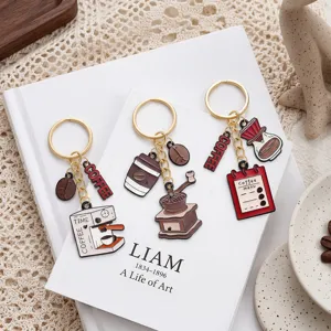 Lindo juego de llaveros de metal con temática de café para bolsos y llaves, accesorios.