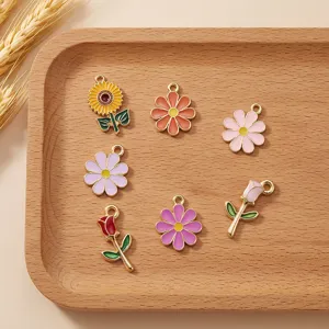 Enamel flower metal pendants DIY charms set for handmade jewelry, bracelets, earrings and keychains.