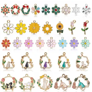 Enamel flower cat snowflake alloy pendant detail, DIY jewelry making charm accessories display.