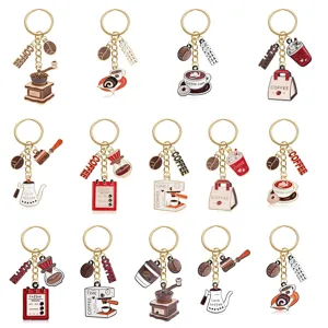 Llaveros de metal con temática de café con cafeteras y tazas para bolsos y regalos encantadores.
