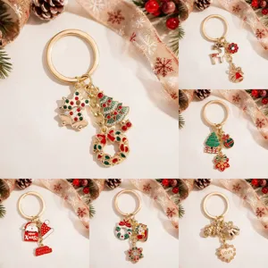 Cute Christmas Zinc Alloy Keychain Creative Santa Claus Snowflake Rhinestone Pendant Cartoon Keyring Holiday Gift For Women Men