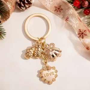Christmas metal keychain with cute gloves bow bell and heart pendants gold holiday key ring gift