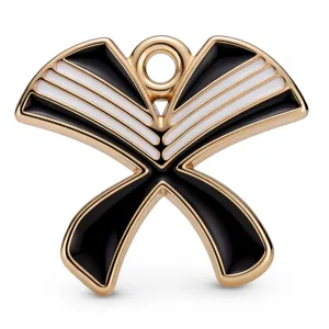Eleganter schwarz-weißer Emaille Schleifenanhänger mit Goldrand für DIY Schmuck.