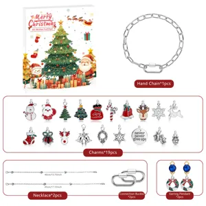 Weihnachts DIY Charm Armband Komponenten Detailansicht mit Geschenkbox und Metallanhängern.