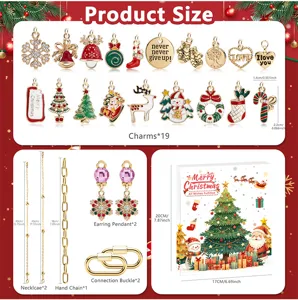 Christmas DIY jewelry advent calendar set size guide showing charms necklaces and box dimensions.