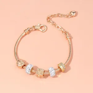 Pulsera de Charms de Aleación de Oro Rosa Estilo Europeo para Mujer Corazón Strass Cadena de Serpiente Pulsera de Cuentas Joyería Regalo