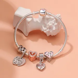 Pulsera de dijes plateada y oro rosa con corazones estilo europeo joyería de moda regalo
