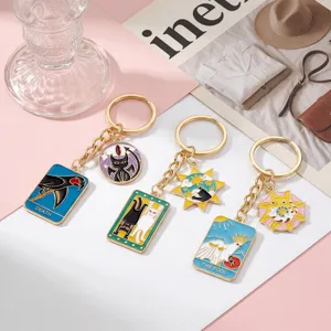 Cartoon Tarot Card Enamel Alloy Keychain Gold Plated Animal Bird Parrot Bag Pendant DIY Jewelry Accessory Key Ring Gift
