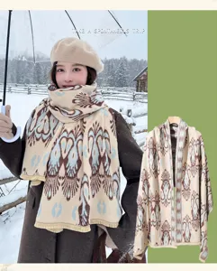 Cashmere-feel winter scarf shawl with retro geometric pattern, warm blanket wrap for women.