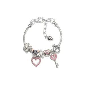 Silver charm bracelet with pink crystal pendants, DIY snake chain jewelry for women and girls.