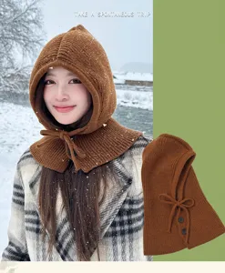 Knitted balaclava hood detail view, cozy winter brown warm winter scarf hat design.