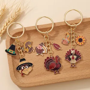 Thanksgiving alloy turkey keychain charm set, cute autumn gnome and hat bag pendant gifts.