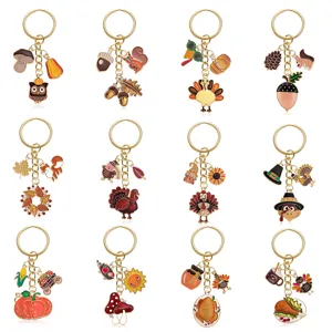 Cute autumn Thanksgiving alloy keychains set with turkey pumpkin pine cone charms for women.