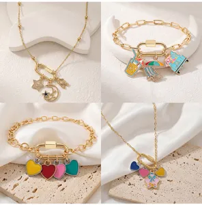 Set collana bracciale con ciondolo smalto DIY alla moda, gioielli in lega dorata per donna.