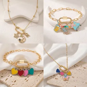 Set collana e bracciale in lega placcata oro con ciondoli smaltati colorati gioielli donna