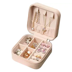 Portable travel jewelry box with zipper, PU leather velvet multi-layer ring necklace organizer.