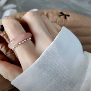 S925 Silber Perlenstapelring mit rosa Harzband, minimalistischer japanischer Stil für Damen.