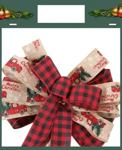 Large Christmas tree top bow plaid burlap ribbon with truck design for holiday decoration 1.1m