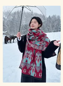 Detailed view of winter warm imitation cashmere scarf with ethnic pattern in snow outdoor scene.