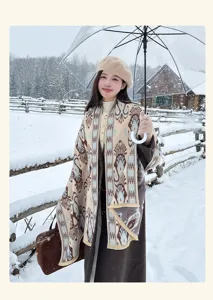 Winter warm imitation cashmere scarf shawl for women, vintage patterned cozy outdoor blanket.