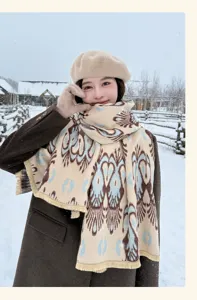 Detailed shot showing the cozy winter imitation cashmere scarf with ethnic pattern and fringe.