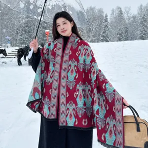 Cozy cashmere feel winter warm shawl scarf with ethnic pattern for women outerwear main