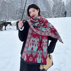 Cozy faux cashmere winter scarf, elegant ethnic print warm shawl for women daily wear.