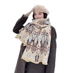 Winter warm imitation cashmere scarf retro blue brown pattern casual shawl for women
