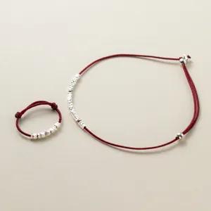 S925 Silver Red String Bracelet Ring Set Chinese Style Minimalist Fine Silver Nugget Jewelry