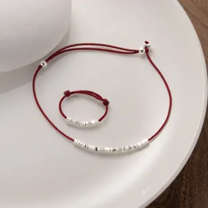 925 Sterling Silver Red String Bracelet Ring Set New Chinese Style Minimalist Adjustable Beads Jewelry For Women Gift
