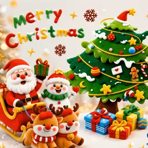 Christmas static window sticker detail view, featuring cute 3D clay Santa and tree design.