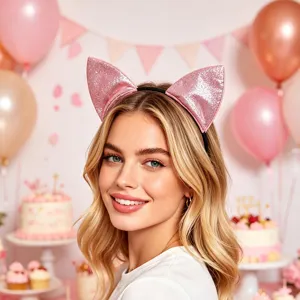 Serre-tête oreilles de chat à paillettes roses, accessoire festif pour cosplay et fête.